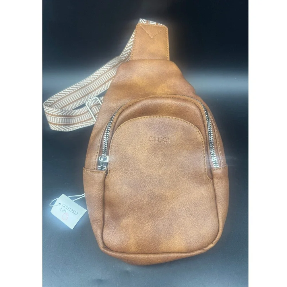 CLUCI Sling Bag Cognac Brown Vegan Leather Crossbody Chest Pack Strap NEW